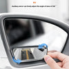 A hand adjusts a blind spot mirror on a car door, demonstrating its 360 degree adjustable view.