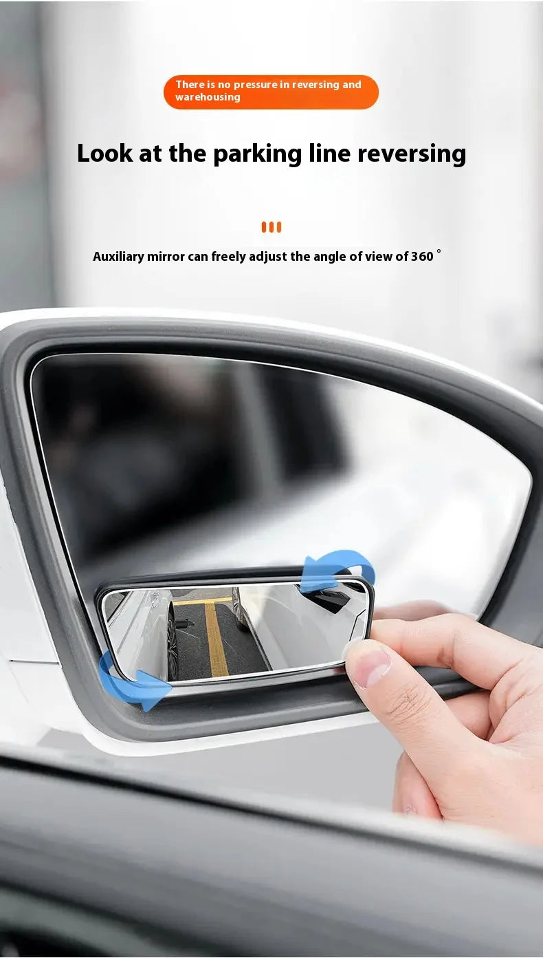 A hand adjusts a blind spot mirror on a car door, demonstrating its 360 degree adjustable view.