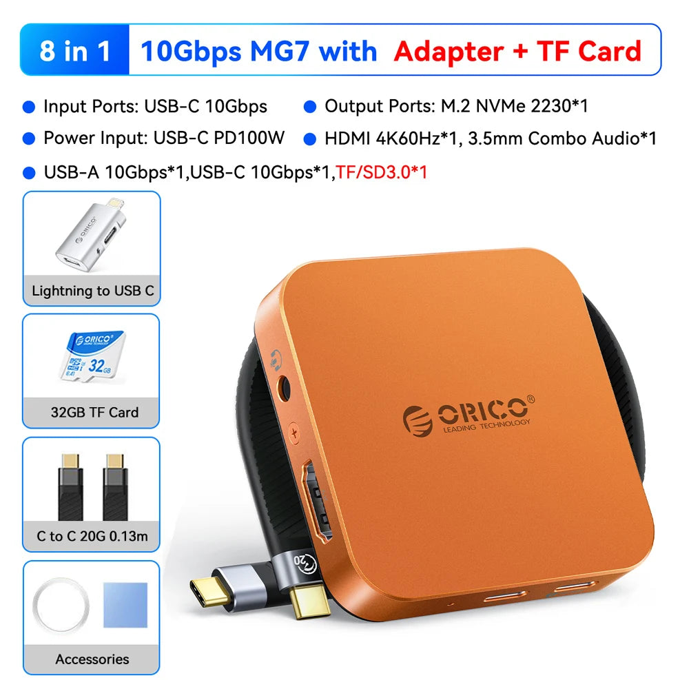 Boîtier NVMe SSD magnétique orange avec divers ports et un adaptateur sur fond noir.