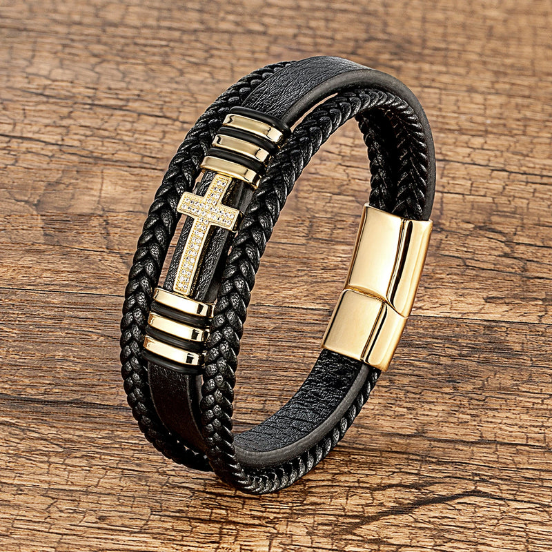 Classic Cross Charm Bracelet with Black Leather Rope