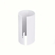 A white portable wrapping paper cutter with a sliding blade shown from the side.