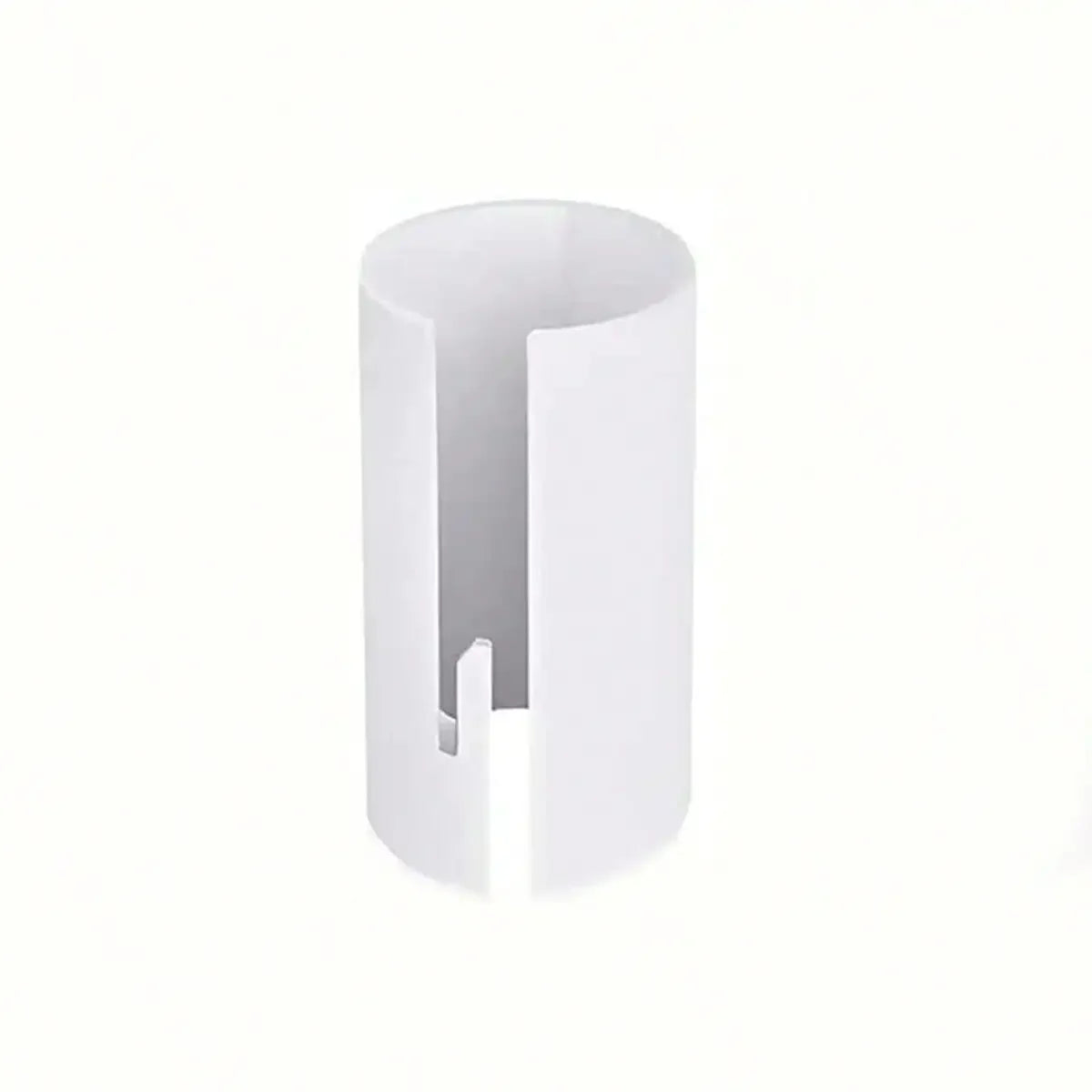 A white portable wrapping paper cutter with a sliding blade shown from the side.