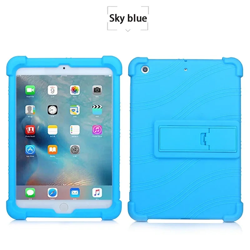 A blue silicone protective case with a kickstand for an iPad Mini is shown next to the device.