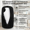 A black knitted laundry bag designed to protect and clean shoes during machine washing.