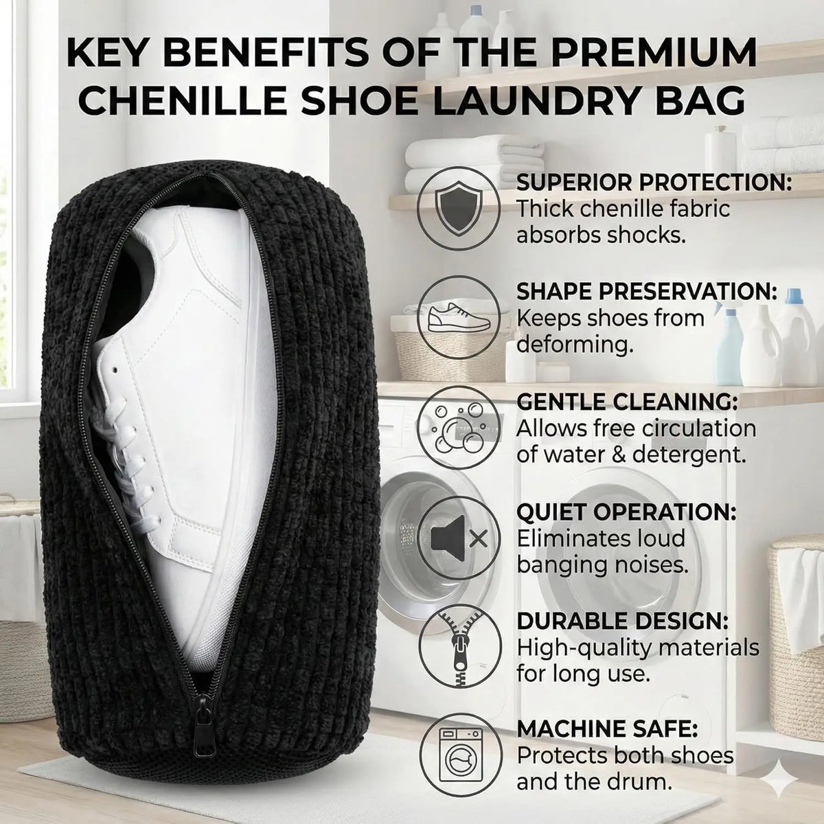 A black knitted laundry bag designed to protect and clean shoes during machine washing.