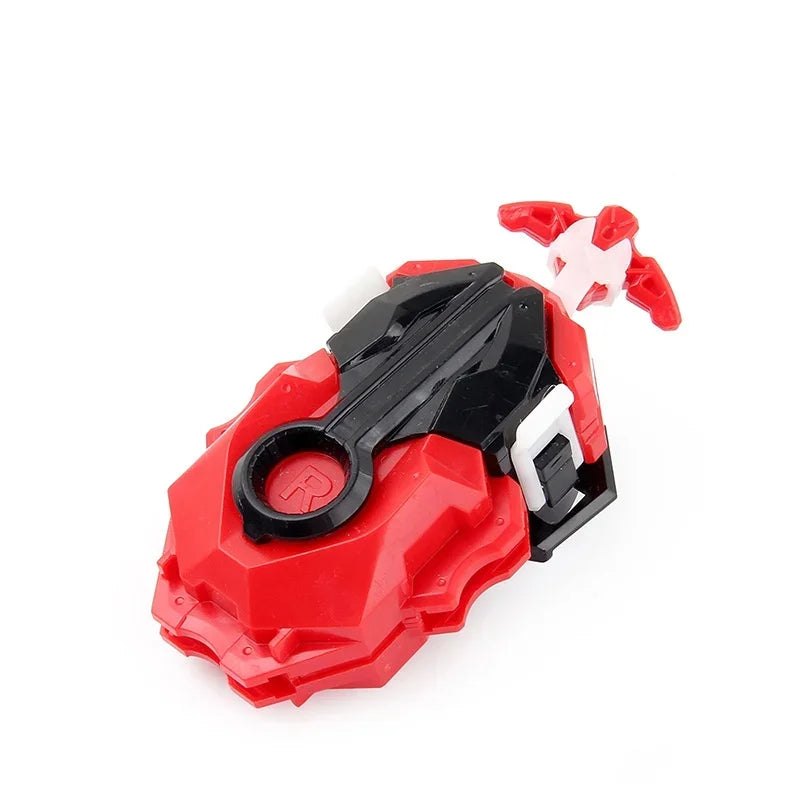 Red and black battle spinning top with metal construction featuring a white and red figure.