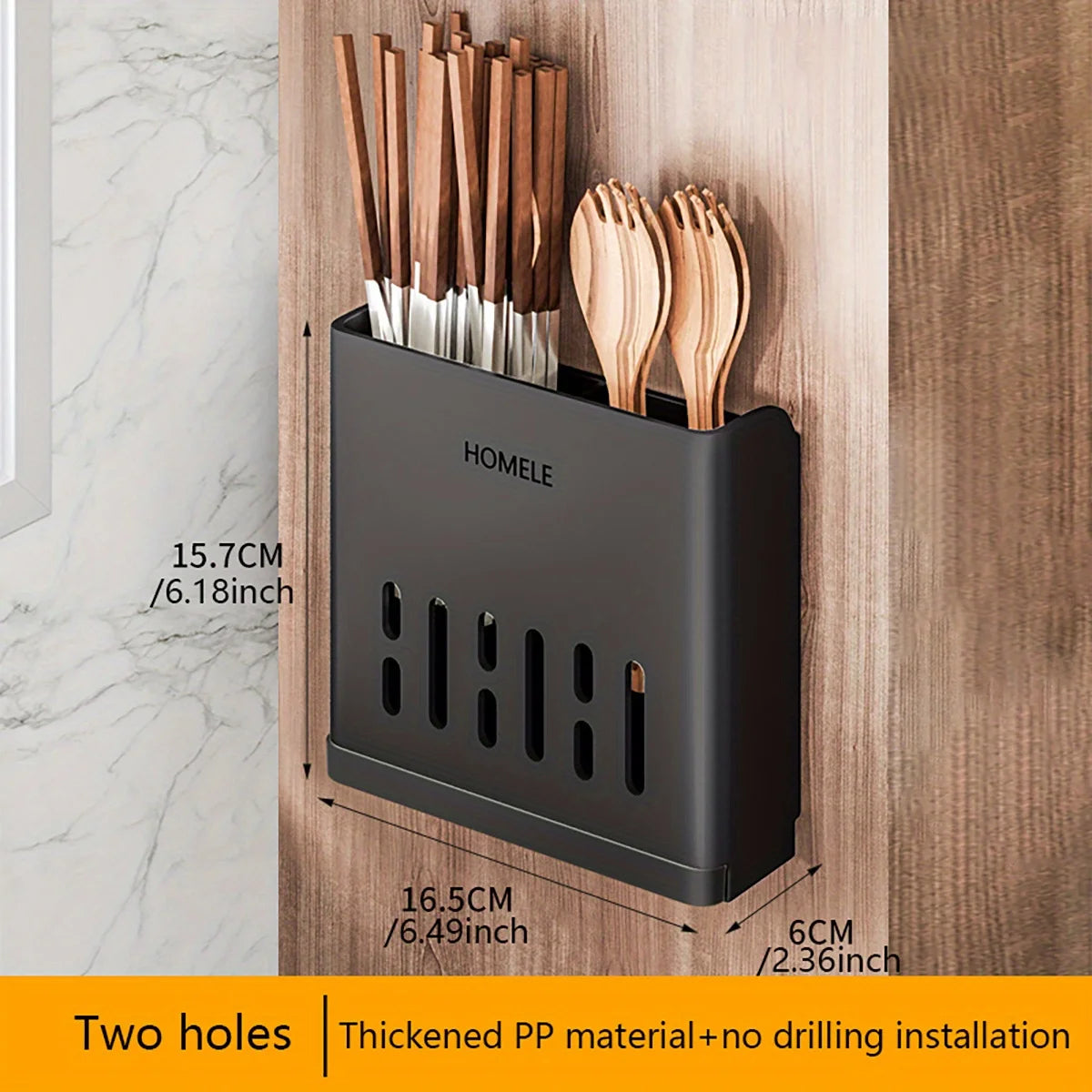 A black cutlery organizer holding wooden chopsticks and forks, designed for no-drilling installation.