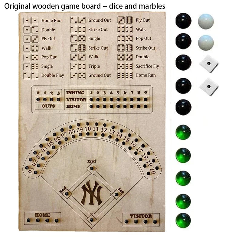 Originales Holzspielbrett und Würfel mit verschiedenen Spieloptionen wie Fly Out, Strike Out, Walk und Home Run.
