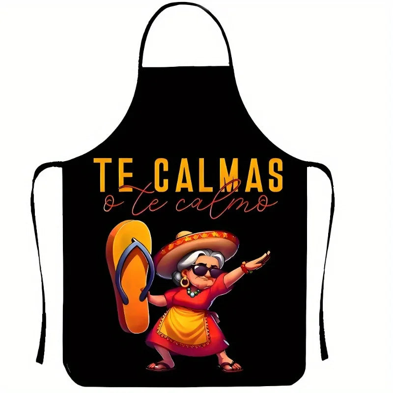 Black apron featuring a colorful illustration of a woman in traditional attire and a text phrase.