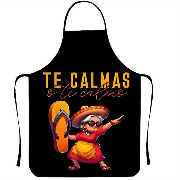 Black apron featuring a colorful illustration of a woman in traditional attire and a text phrase.