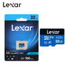 A blue Lexar 32GB microSD card packaging showing the product details and branding.