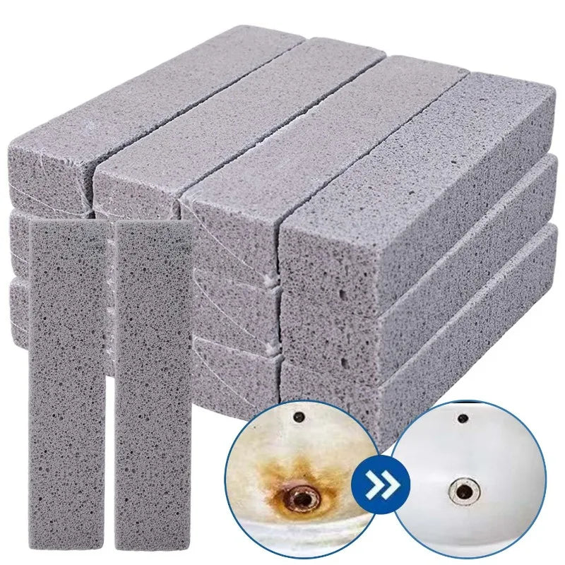 Stack of gray pumice stone cleaning sticks for stain removal, shown next to sink and toilet bowls.