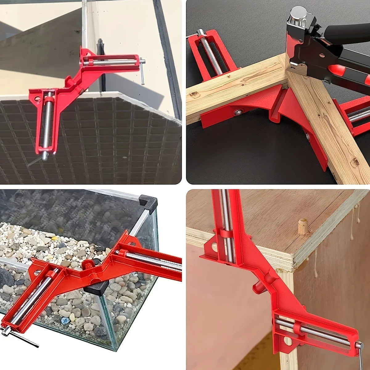 Red 90 degree right angle clamp used to secure and hold materials in DIY projects.