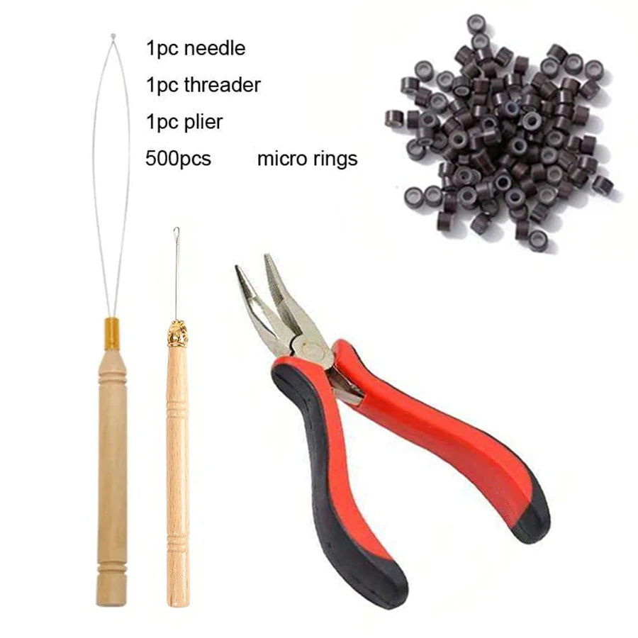 Complete hair extension installation kit including a needle, threader, pliers, and silicone-lined micro rings.