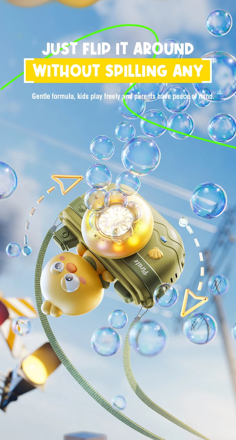 A yellow camera-shaped automatic bubble machine is shown floating with bubbles and light effects against a blue sky.