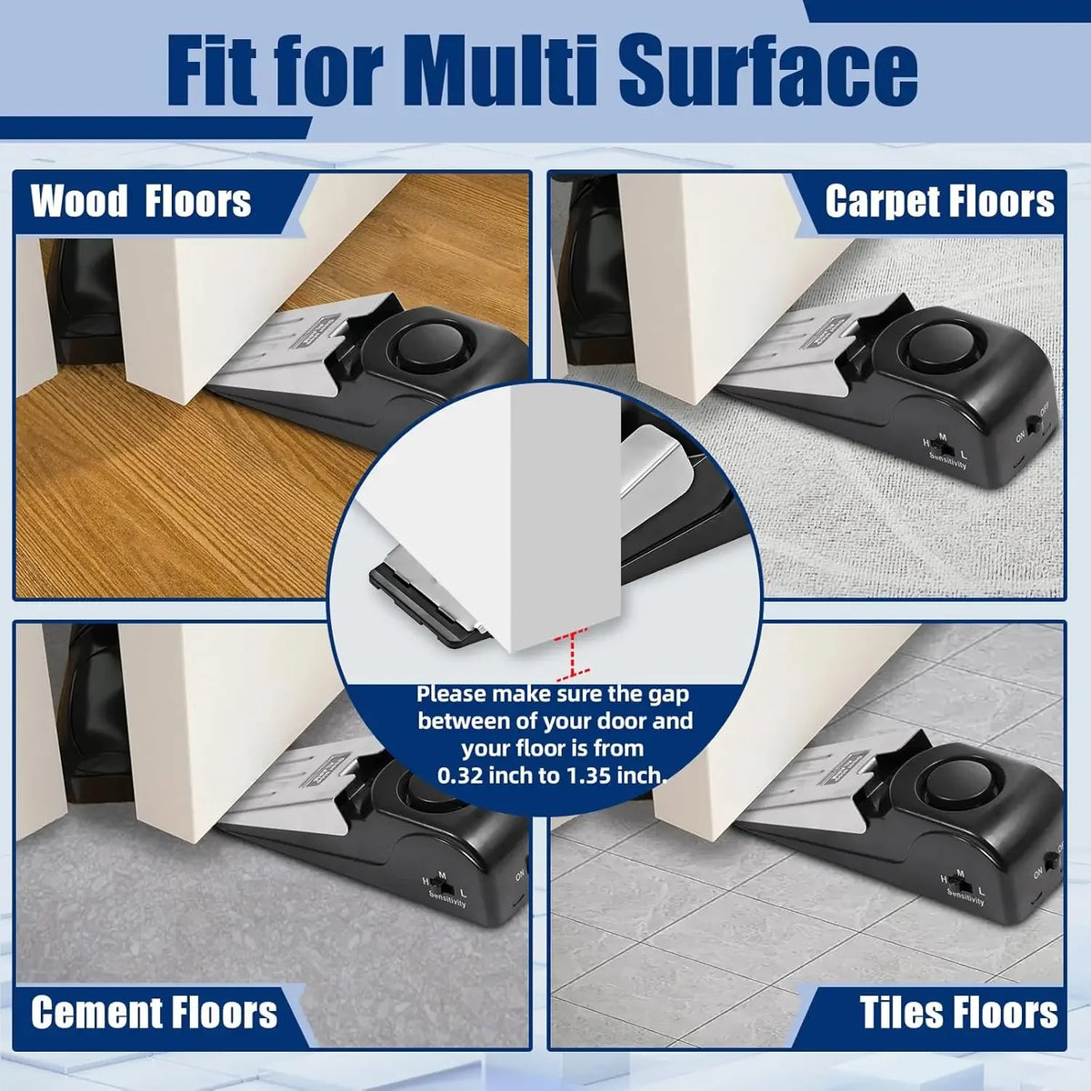 Calage anti-vol pour porte, adapté aux sols en bois, moquette, ciment et carrelage.