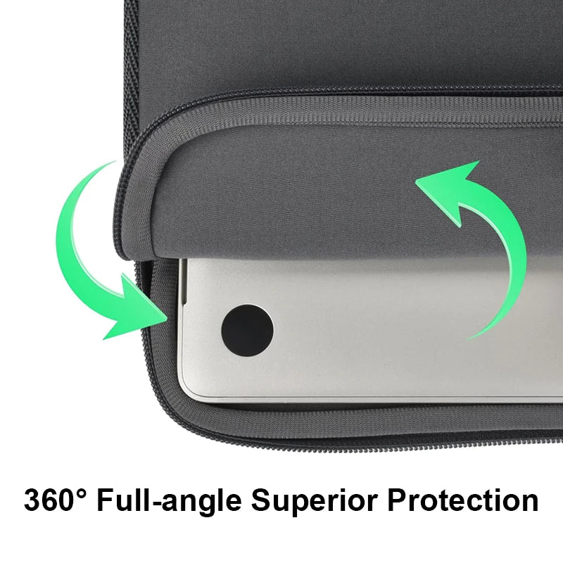 A gray protective sleeve for a laptop or tablet, demonstrating 360-degree full-angle protection.