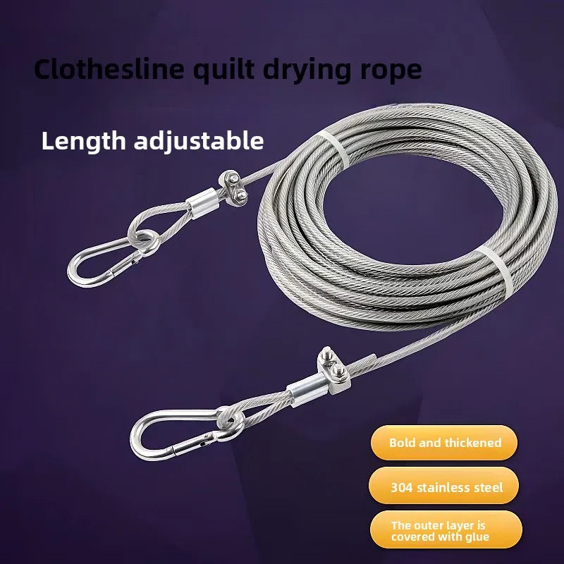 Cuerda de secado para colchas enrollada y ajustable, hecha de acero inoxidable 304 grueso y recubierto con pegamento.
