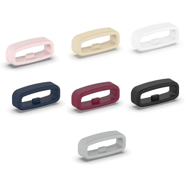 A set of ten silicone watch strap retainers in various colors including pink, beige, white, navy blue, and black.