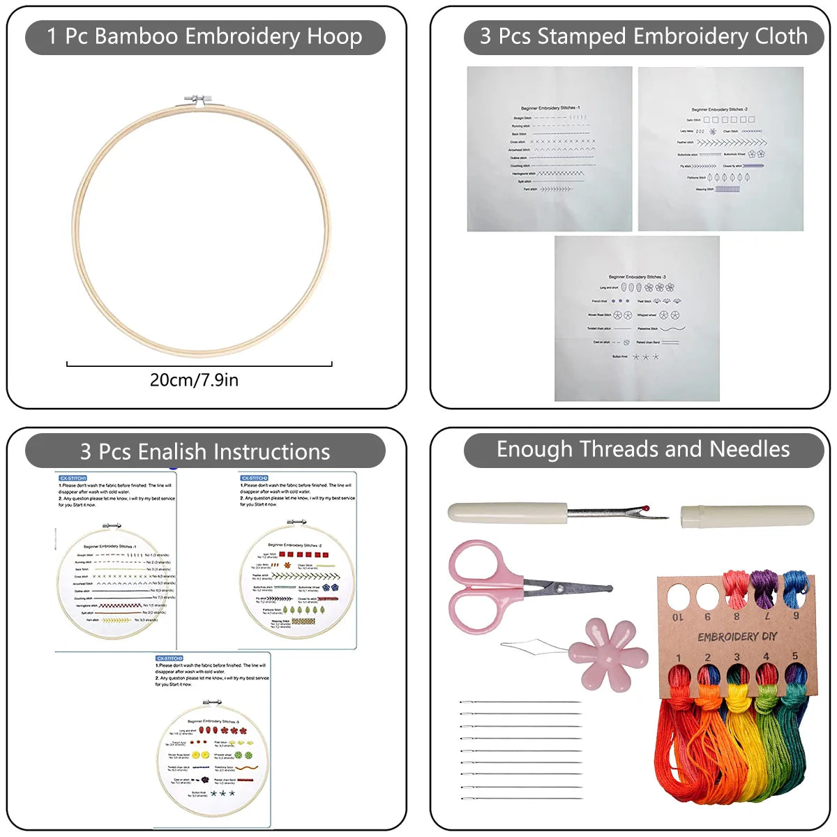 Embroidery Stitch Practice Kit with 30 Stitches for Beginners