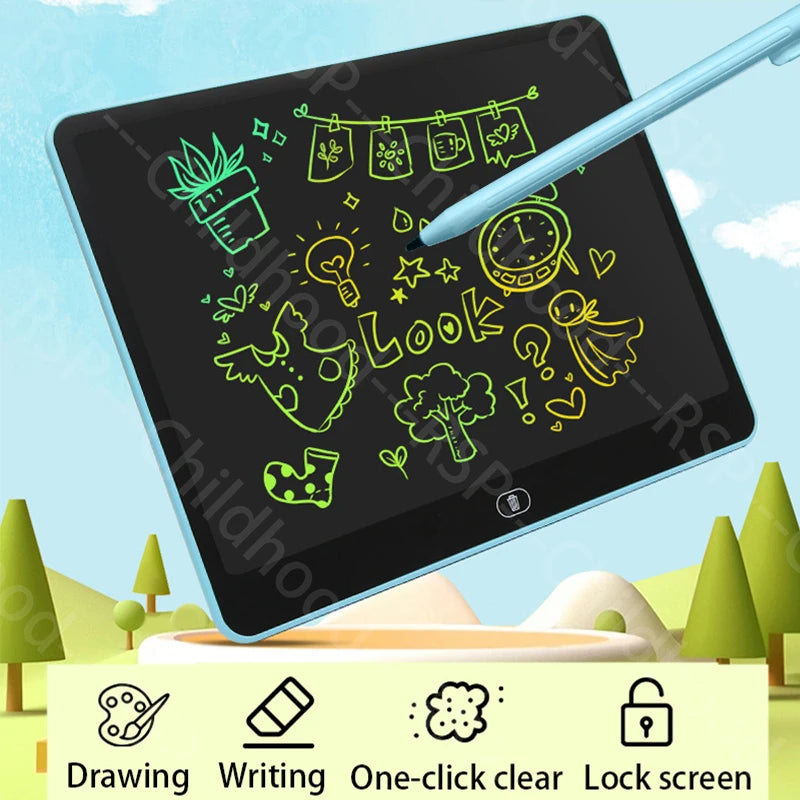 Écran d'une tablette graphique numérique montrant des gribouillis verts et un crayon dessus, avec des icônes pour dessiner, é