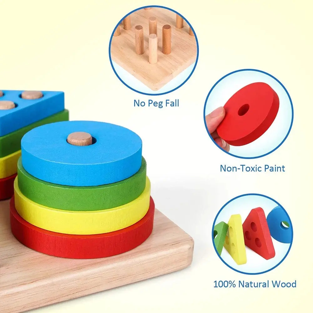 A stack of colorful wooden discs in various colors, demonstrating sorting and stacking skills for toddlers.