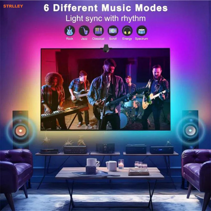 An RGBIC TV backlight with camera sync feature is displayed above a modern coffee table in a living room setting.