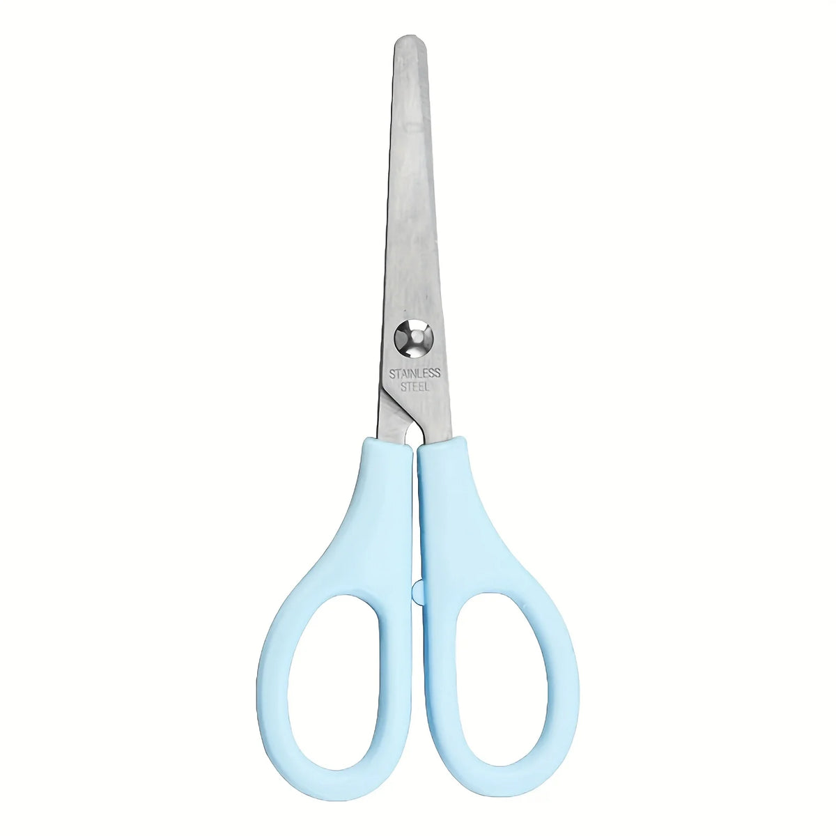 A pair of light blue precision stainless steel scissors with a silver blade.