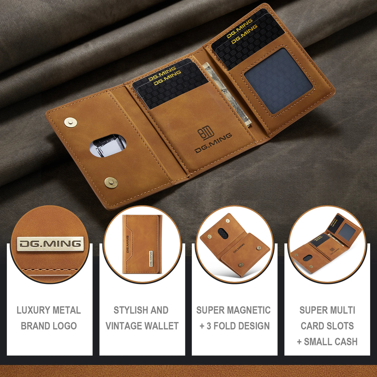 Vintage Leather Trifold Wallet with Magnetic Closure
