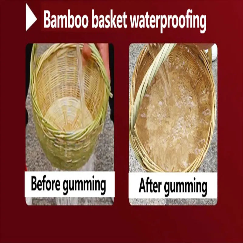 Comparison showing a bamboo basket before and after waterproofing gumming treatment