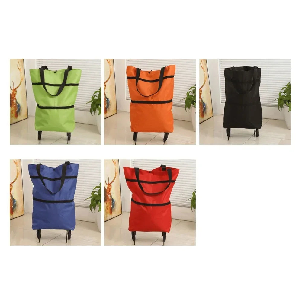 A set of four foldable rolling shopping totes in green, orange, black, and blue fabric.