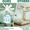 Comparison image showing a white LED ceiling fan light and a wooden ceiling fan, highlighting features like detachability.