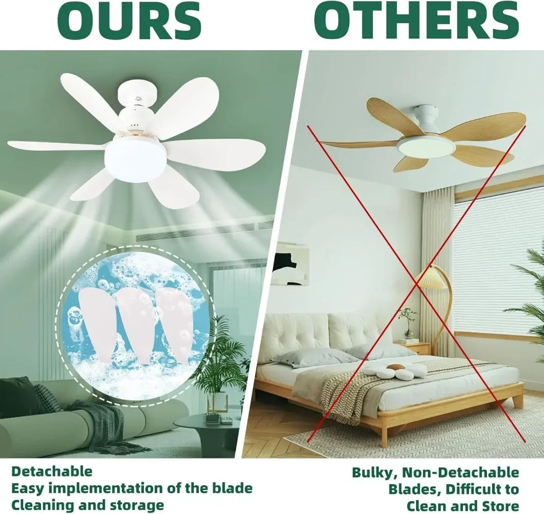Comparison image showing a white LED ceiling fan light and a wooden ceiling fan, highlighting features like detachability.