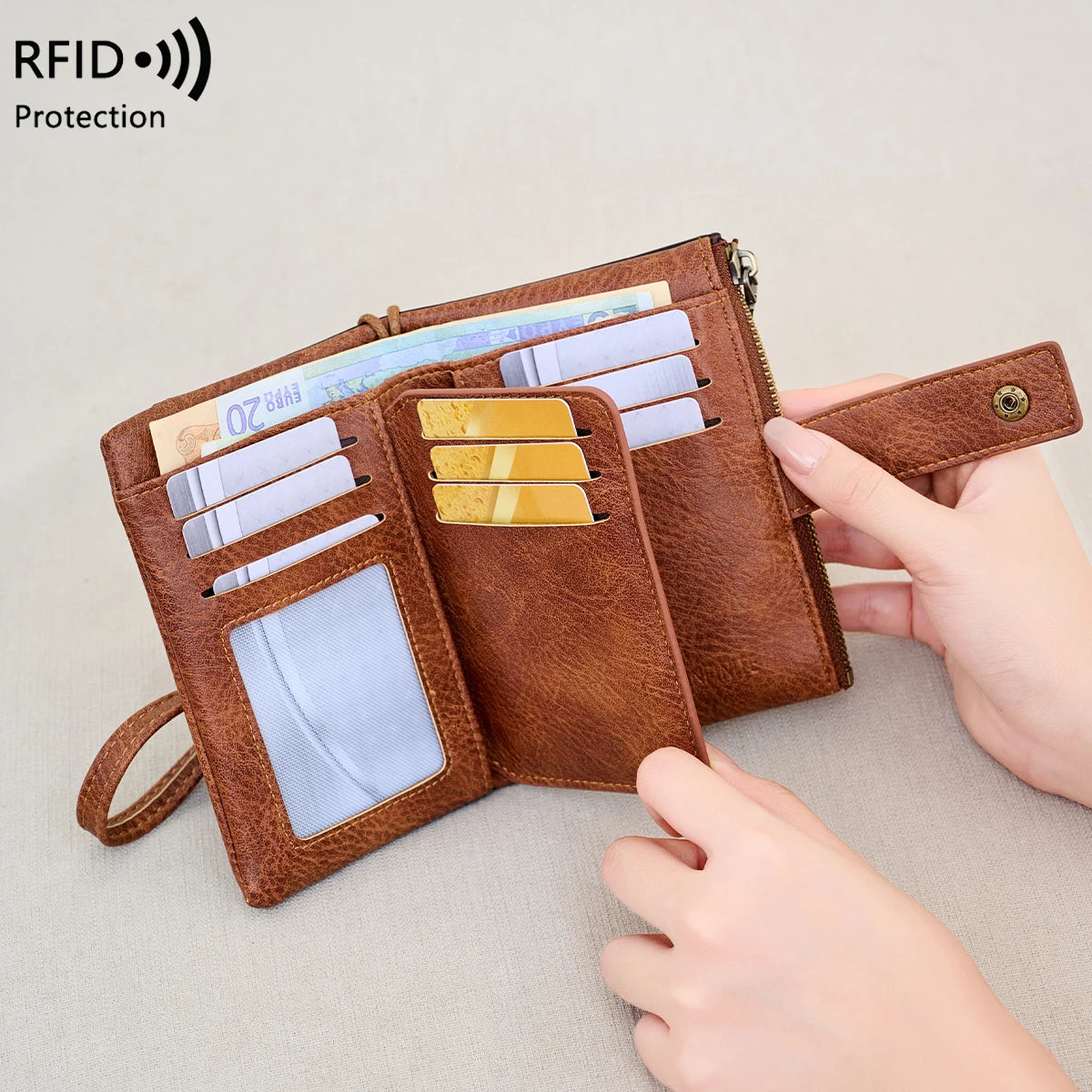 Vintage RFID-Blocking Triple-Fold Wallet with Double Zipper