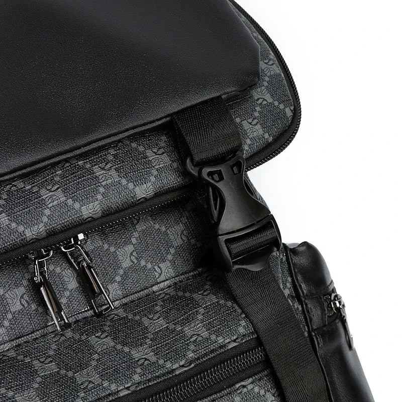 Close-up of a black PU leather backpack featuring a subtle gray damier pattern and black zippers.