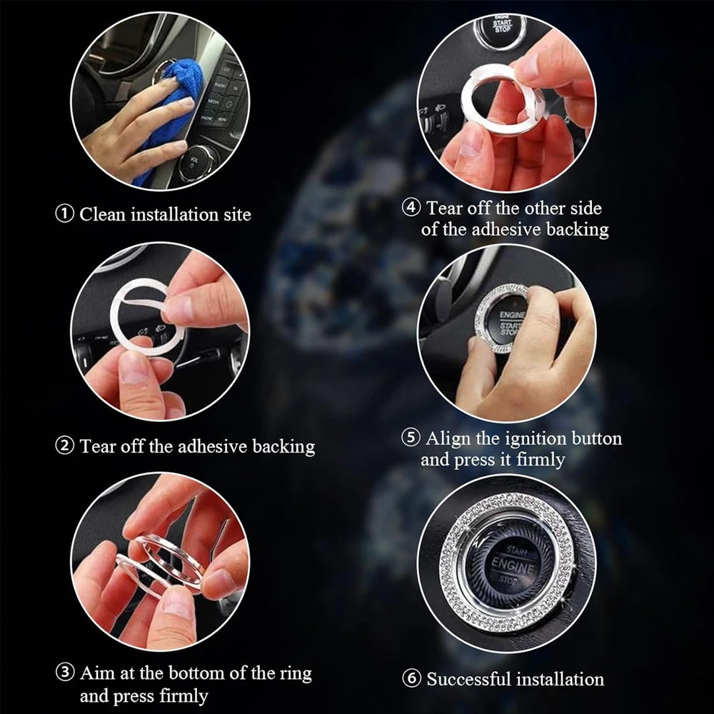 Step-by-step guide showing how to install a crystal rhinestone car ignition button ring.
