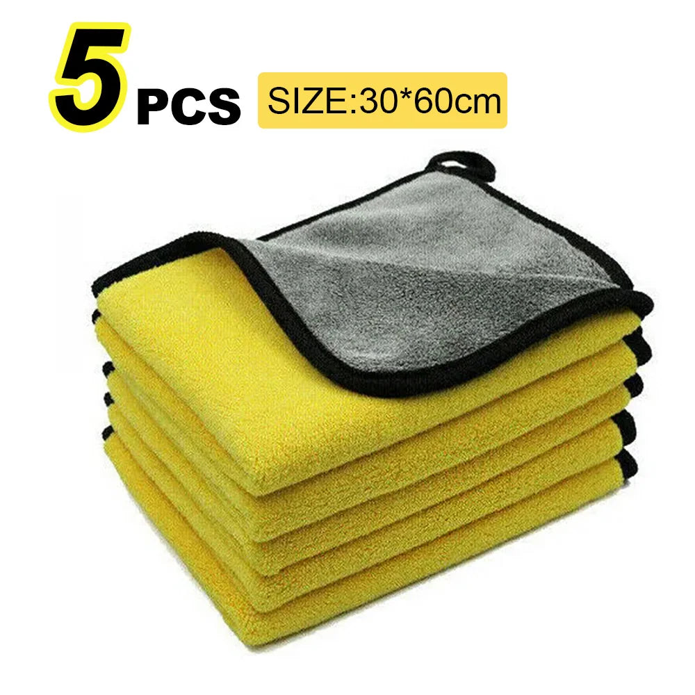 Five packs of gray and yellow microfiber cleaning towels, size 30x60cm.