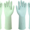 Four pairs of light green reusable non-slip rubber dishwashing gloves shown from the palm view.