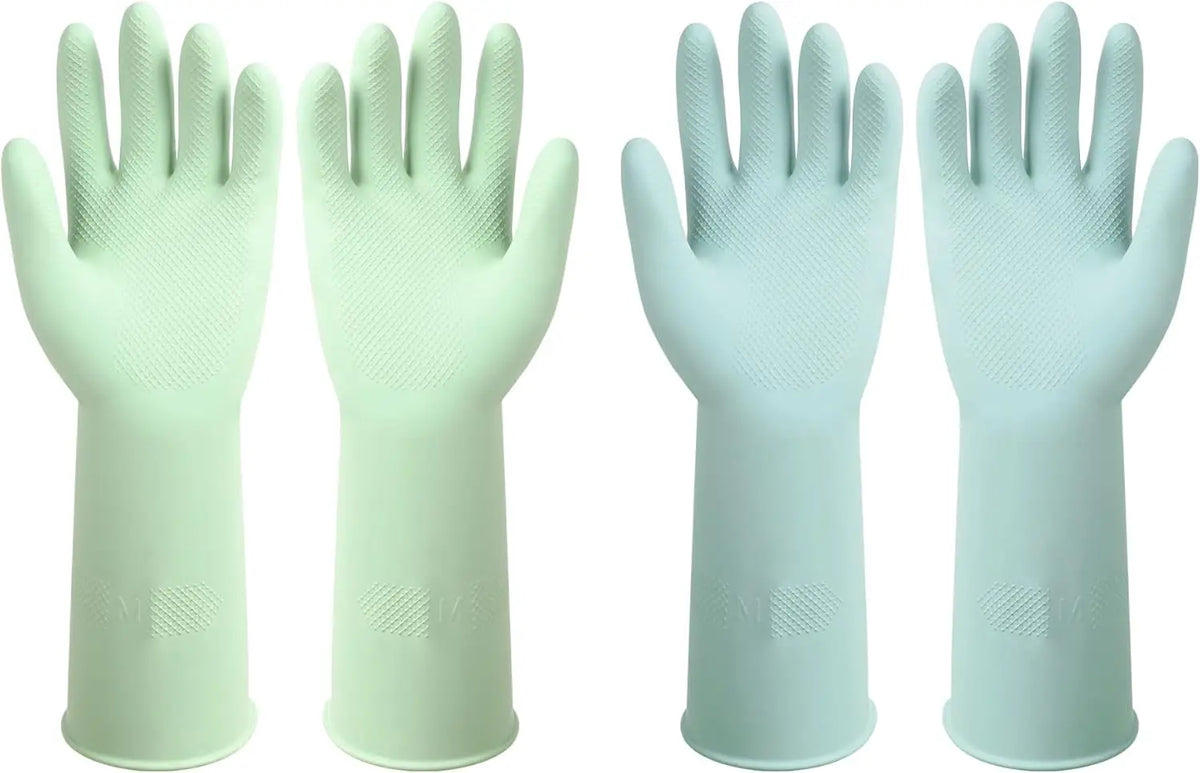 Four pairs of light green reusable non-slip rubber dishwashing gloves shown from the palm view.