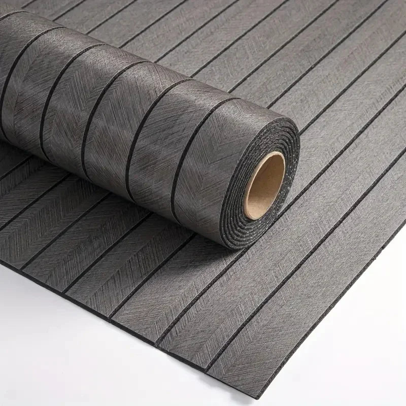 Roll of extra thick 3D wood grain self-adhesive wallpaper in gray on a white surface.
