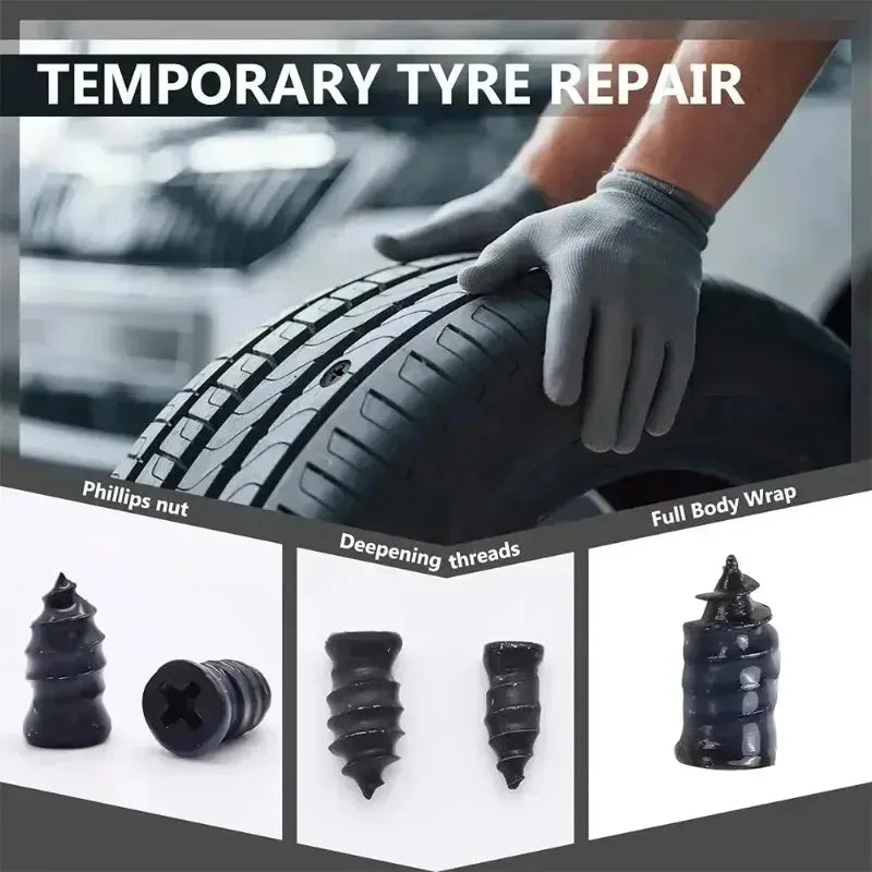 Hands applying a temporary tyre repair kit with rubber screw patches to a tire tread.