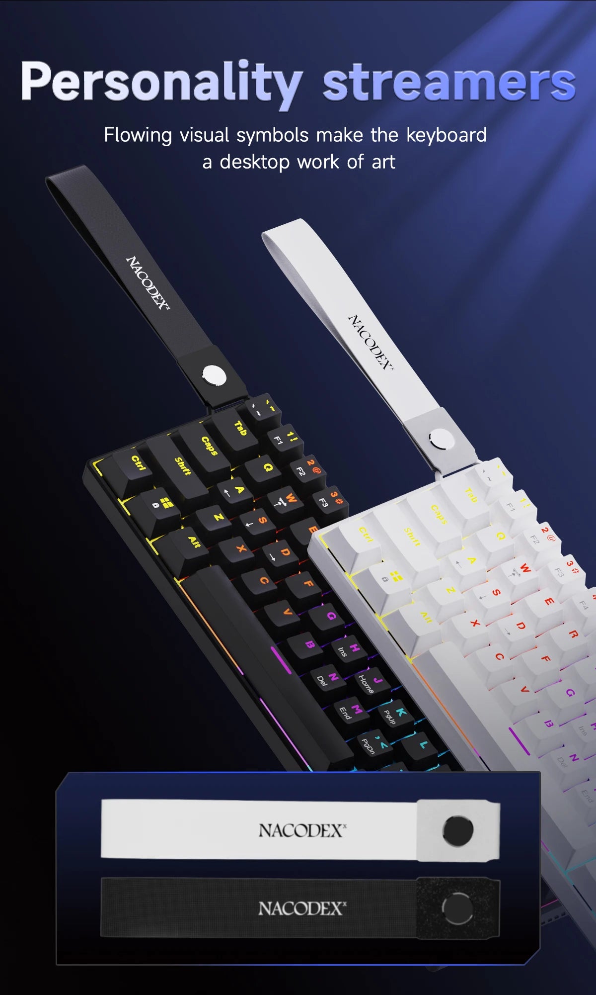 Nahaufnahme einer schwarzen mechanischen Tastatur mit weißen Tastenkappen und einem separaten NACODEX-Switch daneben.