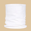 A rolled white cozy cotton blend neck warmer scarf displayed against a beige background.