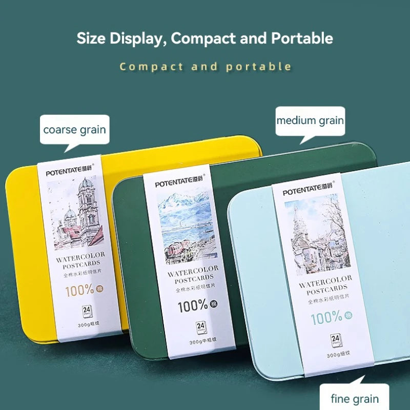 A set of three watercolor postcards in yellow, green, and light blue tones displayed on a dark surface.