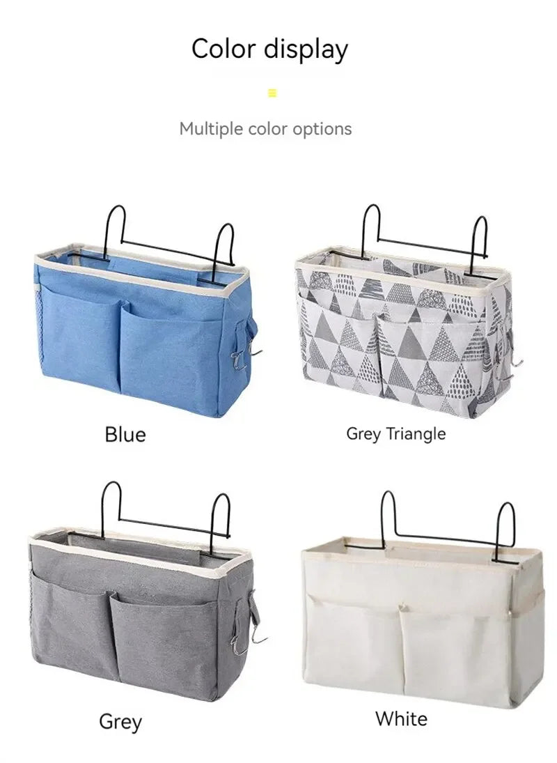Four hanging bedside storage organizers in blue, grey triangle, grey, and white colors.
