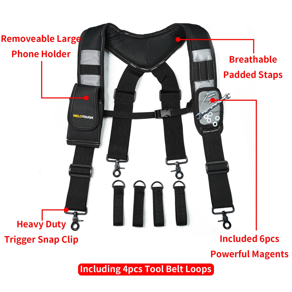 Heavy-Duty Padded Tool Belt Suspenders with Detachable Phone Holder
