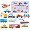 A set of wooden animal and vehicle puzzles featuring various vehicles like cars, trucks, trains, and an airplane.