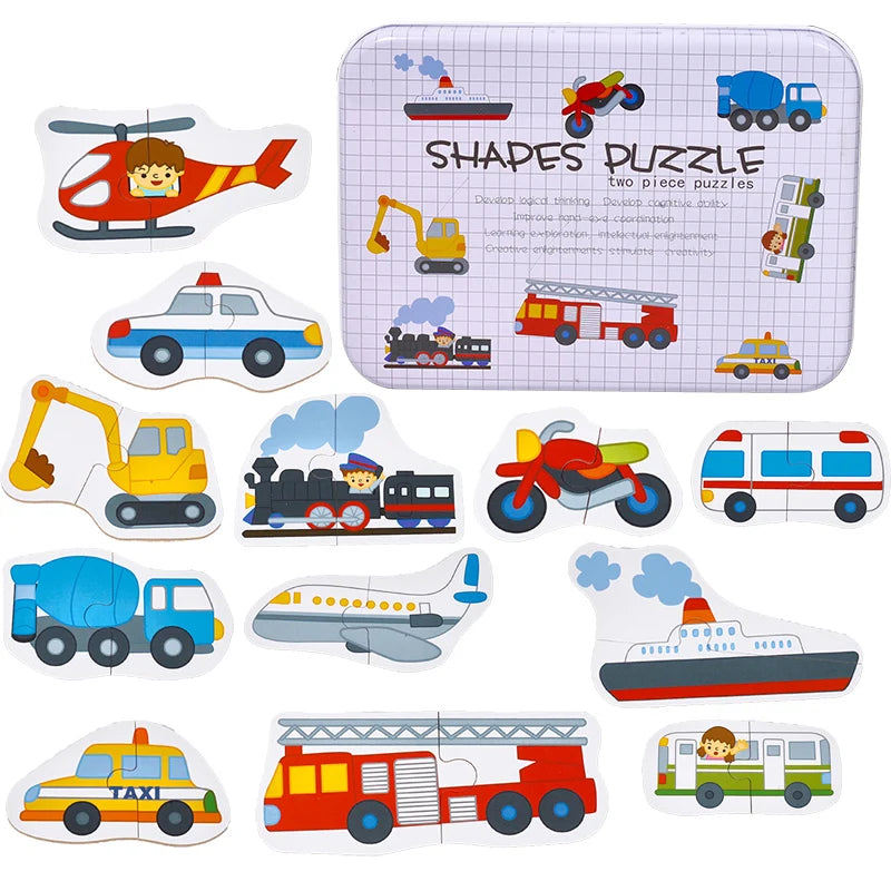 A set of wooden animal and vehicle puzzles featuring various vehicles like cars, trucks, trains, and an airplane.