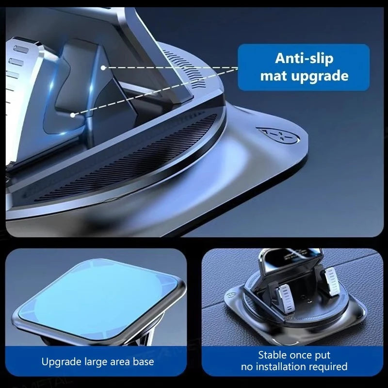 A close-up view of an anti-slip mat upgrade for a dashboard phone mount, highlighting its stability and large area base.