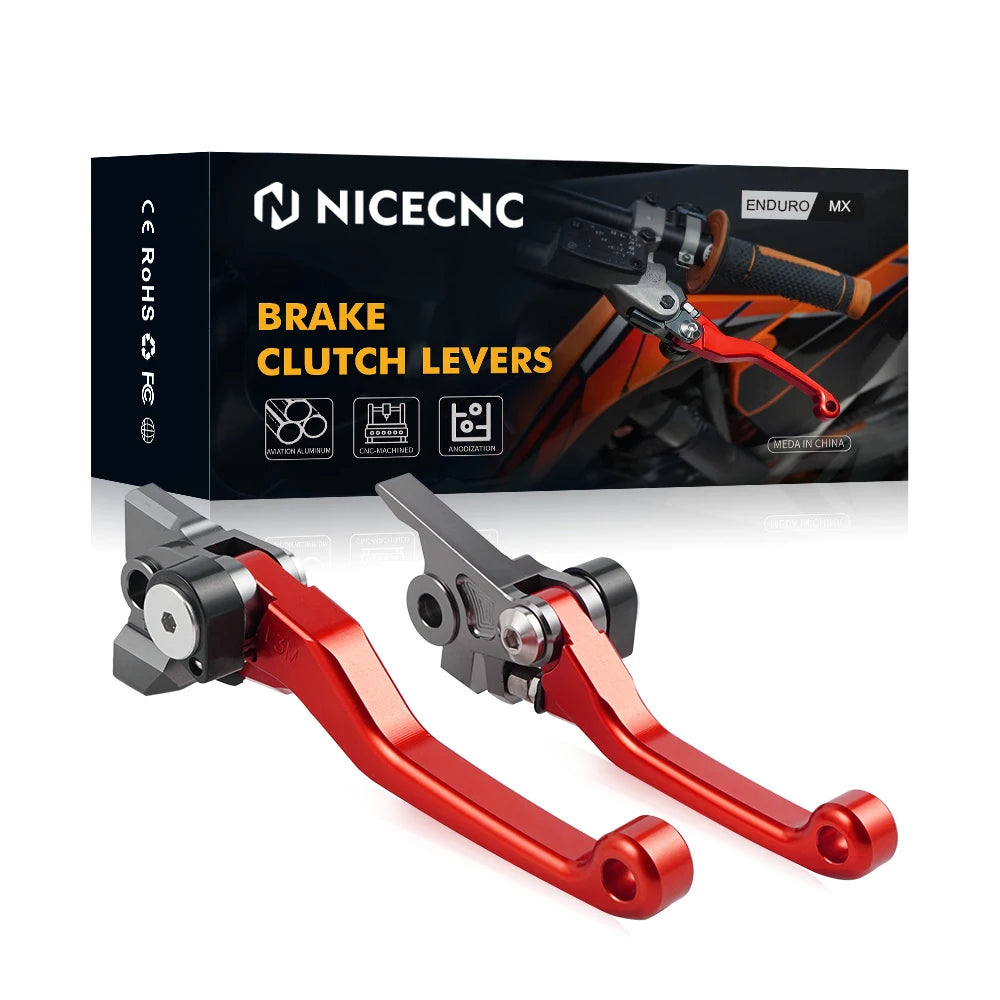 A set of red and black CNC aluminum brake and clutch levers for dirt bikes, shown next to its packaging.